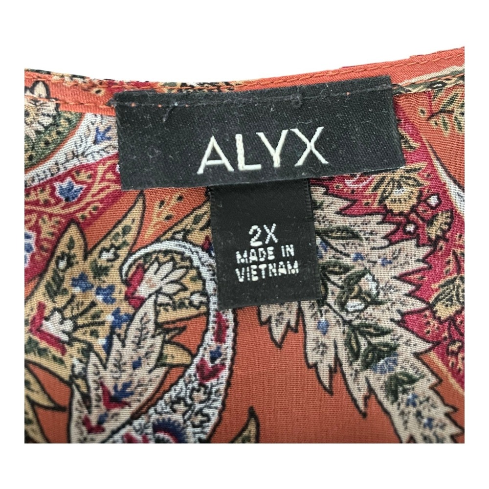 ALYX Womens 2X Blouse Orange Paisley Print Sheer Long Sleeve Tie Neck Top Fall - Picture 2 of 7